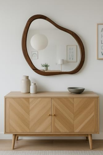 OrnaMura Miroir Mural Décoratif en Bois, Forme Organique, Cadre Marron Foncé, Style Moderne