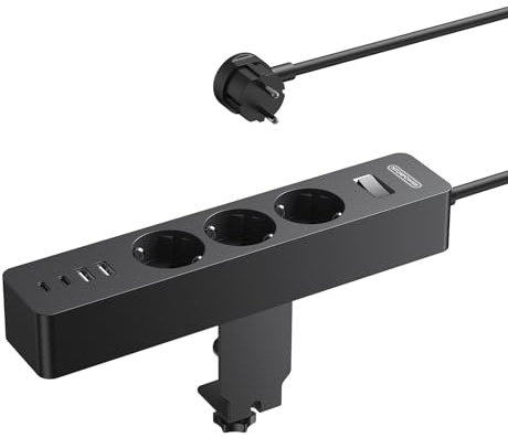 NTONPOWER grenuttag skrivbord med strömbrytare, 3-vägs bordsuttag med USB-C, 2 meter kabel, flera uttag bord för kontor kontor, svart