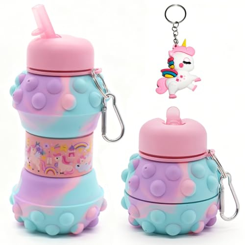 OPVXZAD Vaso Plegable de Unicornio de Silicone 550ml con Llavero - Regalo para Halloween & Navidad, Libre de BPA, para Senderismo, Oficina - Incluye Llavero de Unicornio