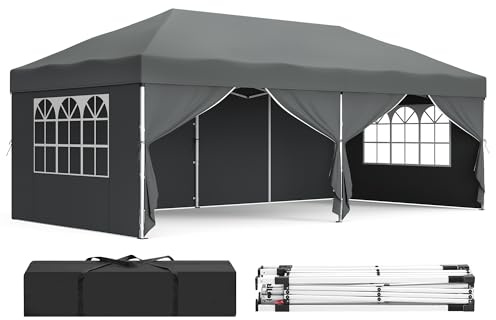 SONGMICS Pavillon, 3 x 6 m mit Seitenwänden, Faltpavillon, Gartenpavillon, Partyzelt, Sonnenschutz, Leichter Regenschutz, tragbar, für Hof, Garten, Markt, Party, dunkelgrau GCT204GZ01
