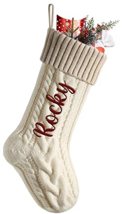 NIBESSER Weihnachtsstrumpf Personalisiert Name 46cm große gestrickte Christmas Stockings hängende Familie Weihnachtsstrumpf für Feiertags, Familienparty, Dekoration, Elfenbein (Körper)/Khaki (Mund)