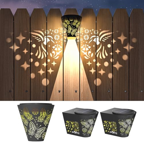 2 Pack Solar Fence Lights Outdoor Wall lihgts Decorations Metal Solar Deck Lights Waterproof LED Solar Powered Step Light Warm White Decorative Lighting for Garden, Front Door (Hummingbird)