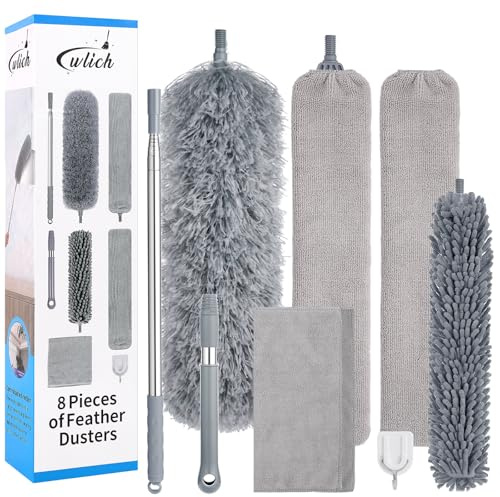 wlich Staubwedel Teleskop Waschbar, 1 Staubwischer Mikrofaser 1 Chenille Staubwedel 1 Biegbar Spalt-Staubreiniger mit 1 Teleskopstange und 1 Griff Kurz für Reinigung Möbel Deckenventilator Spinnweben