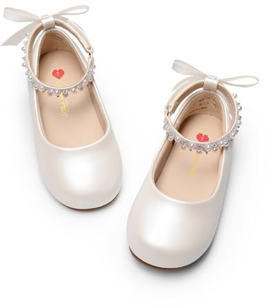 DREAM PAIRS Ballerine Mary Jane per bambine con fiori, con cinturino alla caviglia e fiocco in raso, per matrimonio/festa, Bianco, 5 Toddler