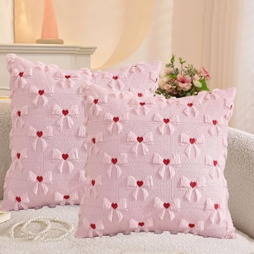 FUFRE 2 Stück Schleife Kissenbezug 45x45 cm, Kissenbezüge Schleifen 45x45 Deko Wohnzimmer Modern Kissenhülle Zimmer Deko Aesthetic Zierkissenbezüge Muttertag Dekokissen Geschenk für Mama (Rosa D)