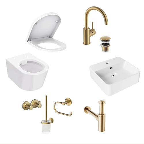 Lenz Gästebad-Set PERFECT FIT in Gold – 8-teiliges Komplett-Set | Spülrandloses Wand-WC inkl. WC-Sitz mit Absenkautomatik, Handwaschbecken 40 cm, Armatur, Siphon & Badaccessoire-Set, 41050041