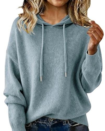 Mysig kashmirtröja för kvinnor, stickad huva, vinter, oversize, lätt med dragsko, Ljusblå, XL