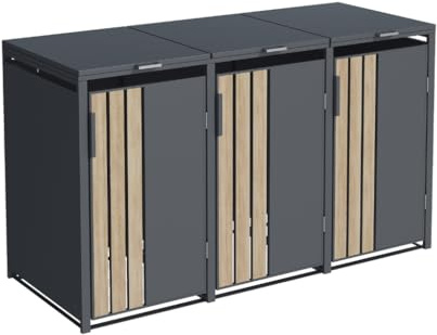 Abri Poubelles 3 Bacs à Toit Plat, Acier Galvanisé Gris et Effet Bois | Ouverture Assistée