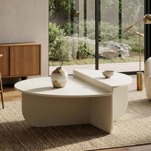 [en.casa] Tavolino da Caffé con 2 Piani Semicircolari di Diverse Misure e Altezze Tavolo Basso Centrale da Salotto per Soggiorno Sala 90 x 90 x 35 cm - Bianco