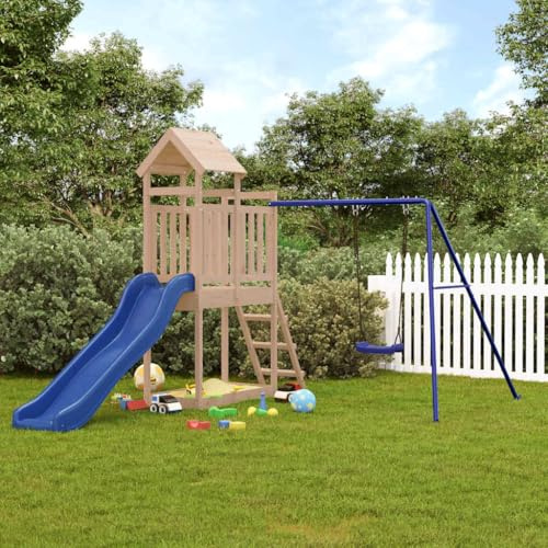 Runheo Torre de juego maciza de pino con tobogán ondulado, juego de columpio, escalera, arenero, altura de 90 cm, para jardín, parque infantil, uso en interiores y exteriores