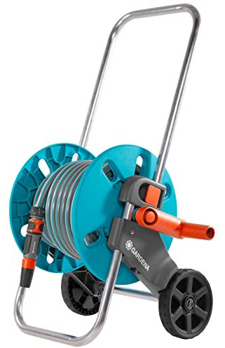 Gardena 18502-26 Aquaroll Schlauchwagen S Set, komplett mit 20 m Schlauch, Systemteilen und Sprühdüse, Grau, Türkis, Schwarz, Silber, Orange, 36x44x48cm