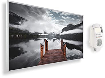 Riscaldatore a infrarossi Könighaus - 1200 Watt + termostato smart e APP Könighaus - una stufetta elettrica a basso consumo - Cornice bianca (08. Passerella sul lago di montagna)