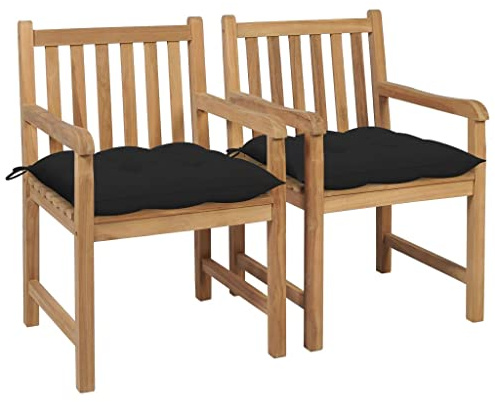 vidaXL 2X Massivt Teak Wood trädgårdsstolar med kuddar utomhus matsalsstolar uteplats middagsstol svart