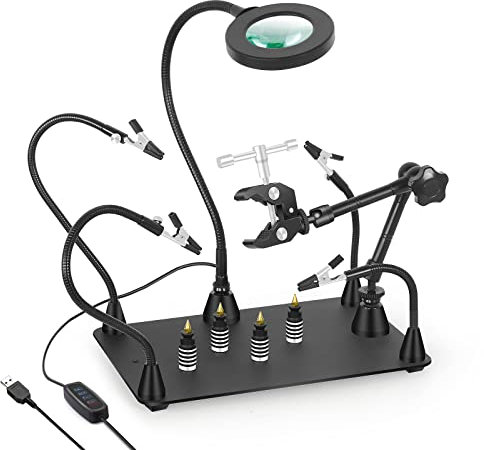 Mains secourables, troisième main à souder, support de carte de circuit imprimé avec lampe loupe 3X LED, support de pistolet à air chaud, bras métalliques flexibles et base robuste