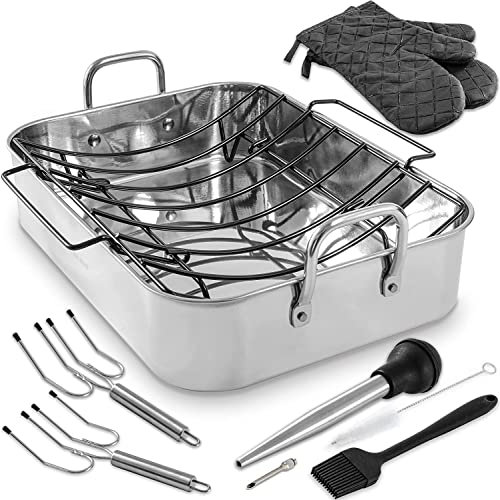 Kaiihome Roasting Pan with Nonstick Rack: 16 inch Stainless Steel Rectangular Turkey Roaster Pan with Non-stick U-Shaped Rack, Turkey Baster for Thanksgiving Christmas Party - Set of 7