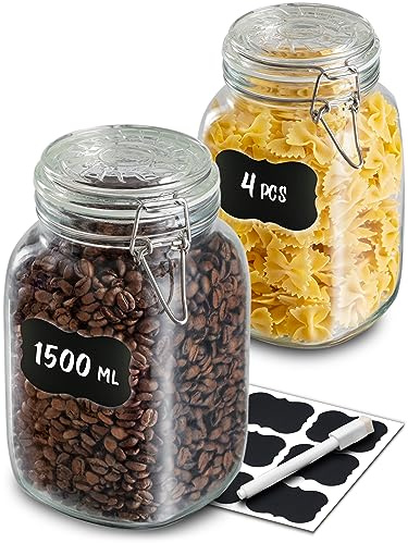 Praknu 8 Einmachgläser mit Bügelverschluss 1,5l - Mit Etiketten, Stift und extra Silikondichtungen - Platzsparend durch eckige Form - Spülmaschinenfest