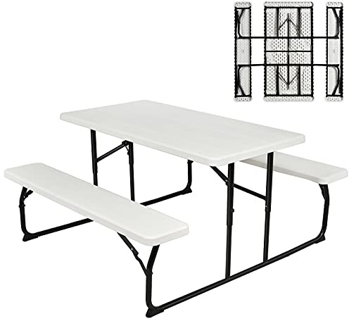 KOMFOTTEU Tavolo da campeggio con sedie, pieghevole, 3 pezzi, con 1 tavolo da birra e 2 panche, tavolo da picnic pieghevole e salvaspazio, set da campeggio portatile per esterni (bianco)
