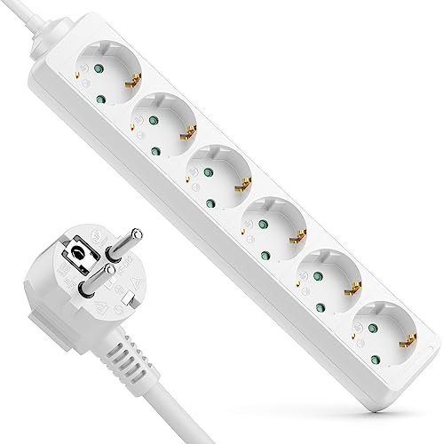 deleyCON 6 Fach Steckdosenleiste Mehrfachsteckdose Steckerleiste Stromleiste für Innenbereich 1,4 m Kabel Robustes Kunststoffgehäuse Stromsparen Weiß