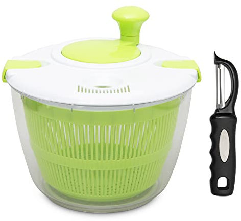 ZAANU Esirnus Small Salad Spinner Tosser with BPA Free Bowl Colander and Draining System for Vegetables, lettuce, herbs and Produce – 3qt. Complete with Potato Peeler, Green/White, 21 * 21 * 20/57