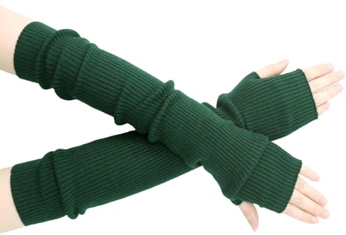 SEYUFN Winter Fingerless Long Gloves for Women Cashmere Blended Knitted Arm Warmers Super Soft Black Arm Sleeves (Dark Green, 50cm/19.7in)