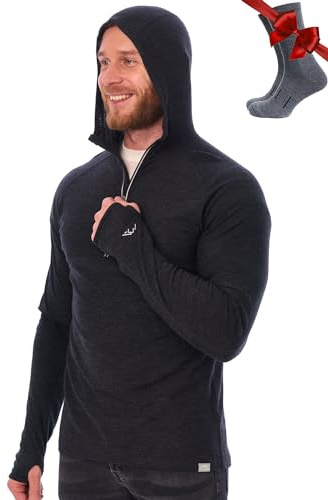 Merino.tech 100% Merino Wool Hoodie Men - Slim Fit Merino Wool Base Layer Mens Half Zip Thermal Long Sleeve Shirt and Socks (Large, 190 Charcoal Grey)