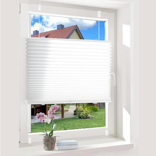 OUBO Plissee ohne Bohren Weiß 90x130cm Plissee Klemmfix Version Plisseerollo Sichtschutz und Sonnenschutz Blickdicht Easyfix lichtdurchlässig Rollo für Fenster & Tür Einfache Montage