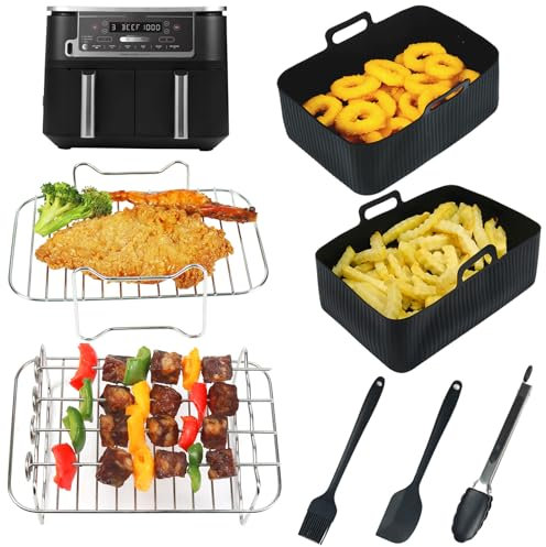 GINOYA Air Fryer Accessories for Ninja AF400UK AF451UK Air Fryer, 7pcs for Double Stack XL SL400UK Tower T17088 Salter Air Fryer, Including Silicone Liners, Rack, Spatula, Kitchen Tongs, Oil Brush