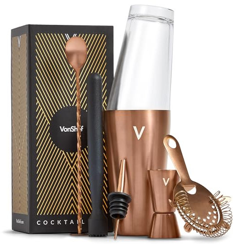 VonShef Cocktail Shaker Set, Copper 6pc Set with 550ml Boston Cocktail Shaker, Professional Bartender Kit for Home Bar, Including Strainer, Muddler, Jigger & Other Bar Accessories, Gift Box Included