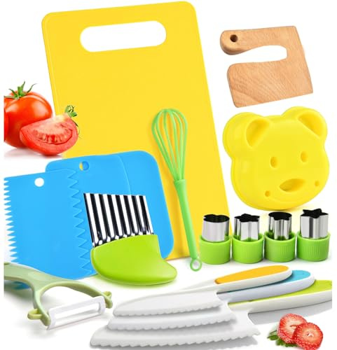 Zrriiyy Montessori Kitchen Tools,16PCS Toddler Knife Set Kids Knife Set for Real Cooking-Kids Kitchen Tools Set Include Toddler Knives Cutting Boards Sandwich Cutters Peeler for Toddler Birthday Gift