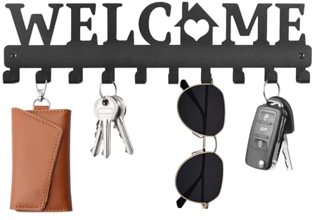 Minicoco Metal Key Holders, Key Hooks with Welcome Pattern, Sturdy Key Racks with 10 Hooks, Key Hangers for Home Decor Hallway Kitchen Office Wall Hanging Decoration