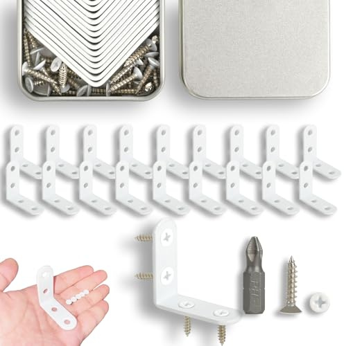 Oufiin 18Pcs White L Bracket & 72 Pcs Screws, 1.57x1.57 Inch Corner Brace, Small Right Angle Bracket, Shelf Bracket, Corner Fastener for Wood Furniture Bedframe Cabinet Drawer Chair