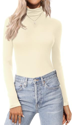 Zeagoo Tee Shirt Femme Manches Longues Col Roulé Basique Pull Casual Uni sous Pull Coupe Ajustée Basique Haut Couleur Crème L