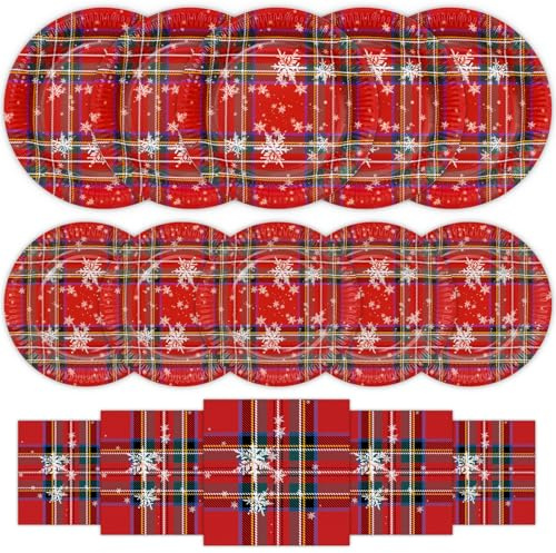 HNH Pappteller Weihnachten Servietten Set 48er-Set für 16 Personen Weihnachtsteller Weihnachtsservietten Dessertteller Schottisch Rot mit Weiß Schneeflocke Partygeschirr Tischdeko