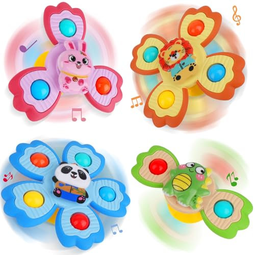 Seyaom 4er Set Saugnapf Fidget Spinner Spielzeug Kinder ab 1 Jahren, Sensorik Spielzeug mit 4 Tierdesigns (Panda, Löwe, Frosch, Hase), Badespielzeug & Reisetoys für Auto Flugzeug