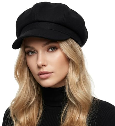 HIQIU Vintage Ballonmütze Damen Schirmmütze Winter Warme Barett Cap Damen Achteck Cap für Herbst Winter (DE/NL/SE/PL, Alphanumerisch, Einheitsgröße, M, Schwarz)