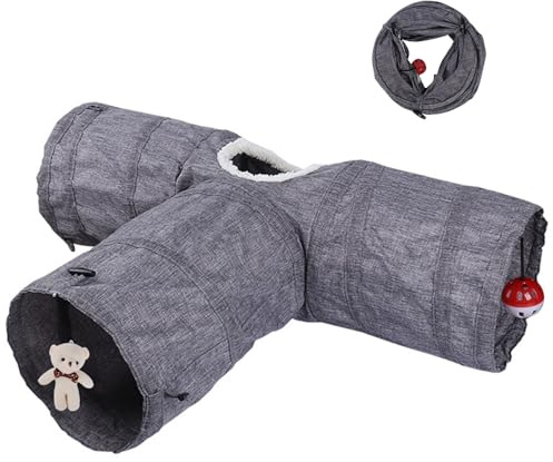 Túnel de gato, 3 vías plegable kitty, túnel de juego para gatos plegable, con bola colgante, resistente a garras y rasgaduras, con gatos grandes, gatitos, cachorros, conejillos de indias y conejos