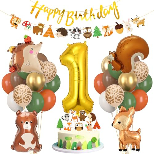 Deko 1. Geburtstag Junge Mädchen, Geburtstagsdeko 1 jahr, Grüne Gold Dschungel Erster Geburtstags Deko, Safari Tiere Waldtiere Folienballon für Kindergeburtstag, Wild One Geburtstag Deco