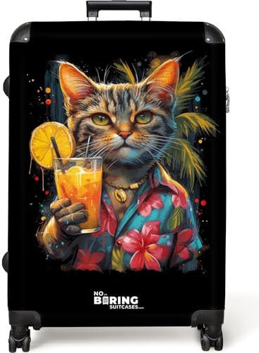 NoBoringSuitcases© Koffer XL Groß Reisekoffer mit Rollen Leicht Trolley | 77x51.5x28 cm - großer Hartschalenkoffer Rollkoffer L Größe Graffiti - Katze - Hawaii
