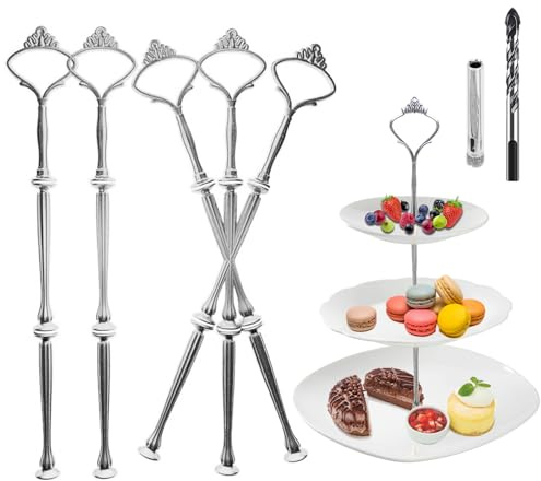 Trsnzul Etageren Stangen Set, Silber Bausatz Etagen Etageren Stäbe Etagere Bausatz Stange Metallstangen für Etagere (mit Bohrer, Krone, Silber, 5 Pack)