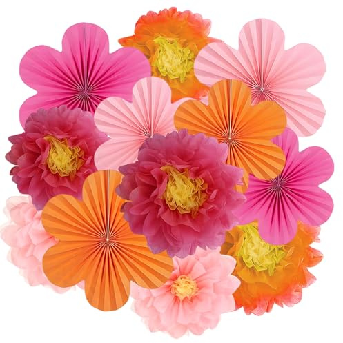 15er Set Papier Blumenfächer & Papierblumen Pompons Rosa und Orange | hängende Girlanden-Dekoration für Hochzeit, Geburtstagsfeier & Gartenparty-Tischdeko