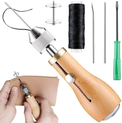 Colección de herramientas de costura de cuero, punzón de costura con hilo encerado, kit de accesorios de cuero para coser con agujas curvadas, cono y destornillador