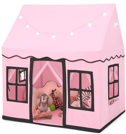 HOMASIS Kinderzelt Baumwolle, Kinder Spielhaus mit Sternenlichtern, Tragetasche & Vorhang, Spielzelt Prinzessin für Jungen & Mädchen, Indoor Kinderspielzelt Kinderspielhaus (Rosa, ohne Matte)