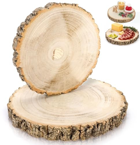 Cididu 2 Pack Wood Slabs Serving Board, 9-11 Inch Cheese Charcuterie Board, Natural Cake Stand, Round Cutting Board Wooden Slices Unfinished for Kitchen, Table Centerpieces, DIY Crafts, Christmas
