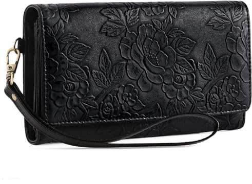 GAEKEAO Geldbörse Damen mit Blumenprägung, PU-Leder Portemonnaie Gross, Dreifach Gefaltete Geldbeutel mit Abnehmbare Handgelenk, Großkapazitänische Damen Handgelenktasche mit RFID-Schutz, Clutch