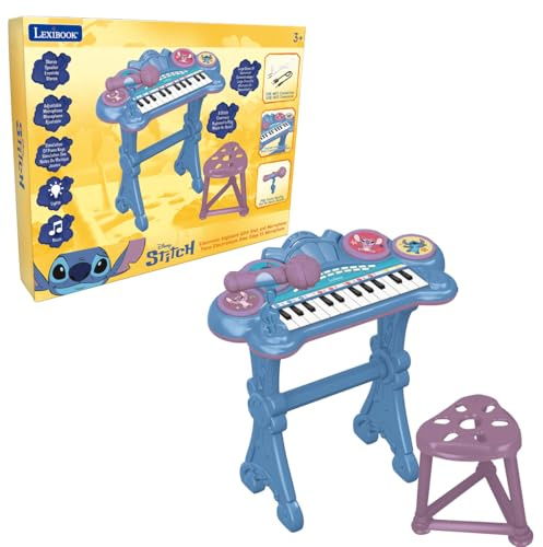 Lexibook, Tastiera Elettronica Stitch con Sedile e Microfono, 24 Tasti Luminosi per Imparare la Musica e Cavo Aux-in, Blu, K707DLXB