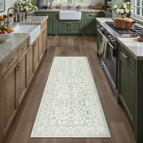 PureCozy 2x6 Green Runner Rug Washable Hallway Non Slip Kitchen Vintage