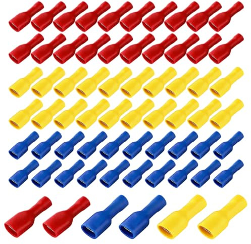 LAKJUOZ 60 Stück Schnellkupplungsbuchse Vinyl Vollisoliert, Flachsteckhülsen 6.3 X 0.8Mm Kabelschuh, Rot Für 0.5-1.5Mm² (22-16 Awg), Blau Für 1.5-2.5Mm² (16-14 Awg), Gelb Für 4.0-6.0Mm² (12-10 Awg)