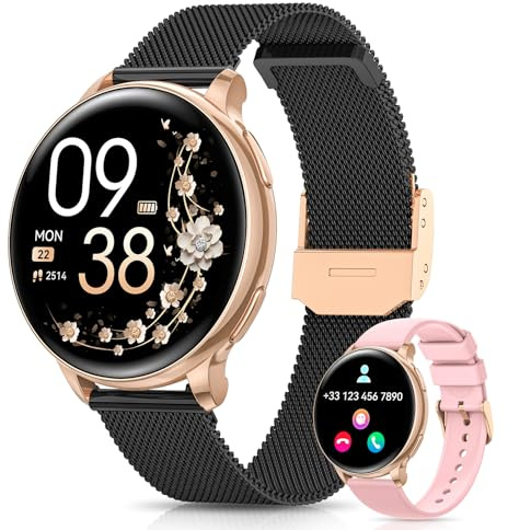 AIMIUVEI Reloj Inteligente Mujer, 1,27” HD Smartwatch Mujer con Llamadas, Función Femenina, 120+ Modos Deportivos, 24H Pulsómetro, 24H SpO2, Sueño, Calorías, Podómetro, IP68 iOS Android Oro Negro