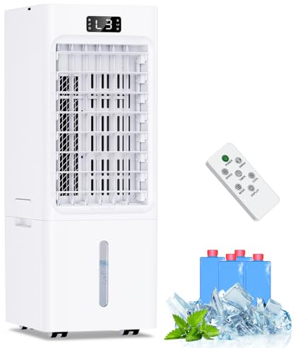 Aire Acondicionado Portatil Evaporativo 4 en 1, Enfriador de Aire con 6L Tanque, 4 Modos 3 Velocidades, Temporizador de 1-12 H, 60°Oscilación, 4 Packs de Hielo, Control Remoto, para Hogar Oficina