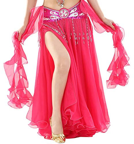 Vobony Bauchtanz Kostüm Damen - Chiffon Rock, Tüllrock, Indischer Tanzsatz Maxirock für Cocktail, Hochzeit, Festlich, Karneval (Hot Pink)